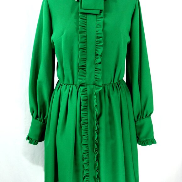 Vintage Les Wilk Collared Belted Ruffle Midi Secretary Geek Dress Green 1960s M - Picture 9 of 11